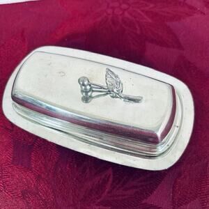 MCM Silver Plated Butter Dish w/Glass butter Tray Pewter Berry & Leaf Handle VTG